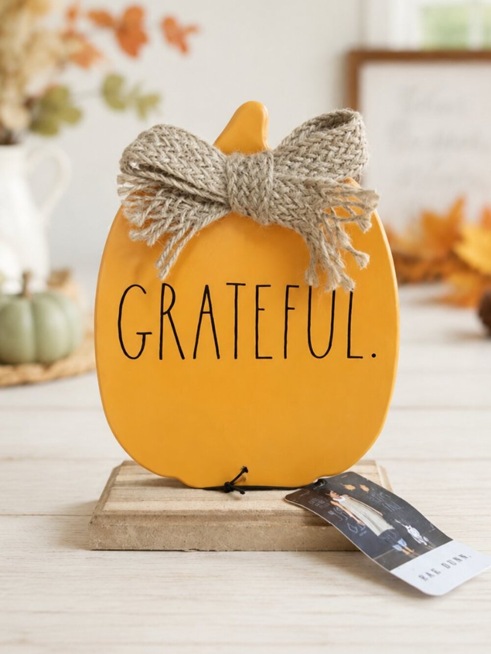 Rae Dunn Grateful Orange Pumpkin Metal Sign Wood Base Fall Decor NWT